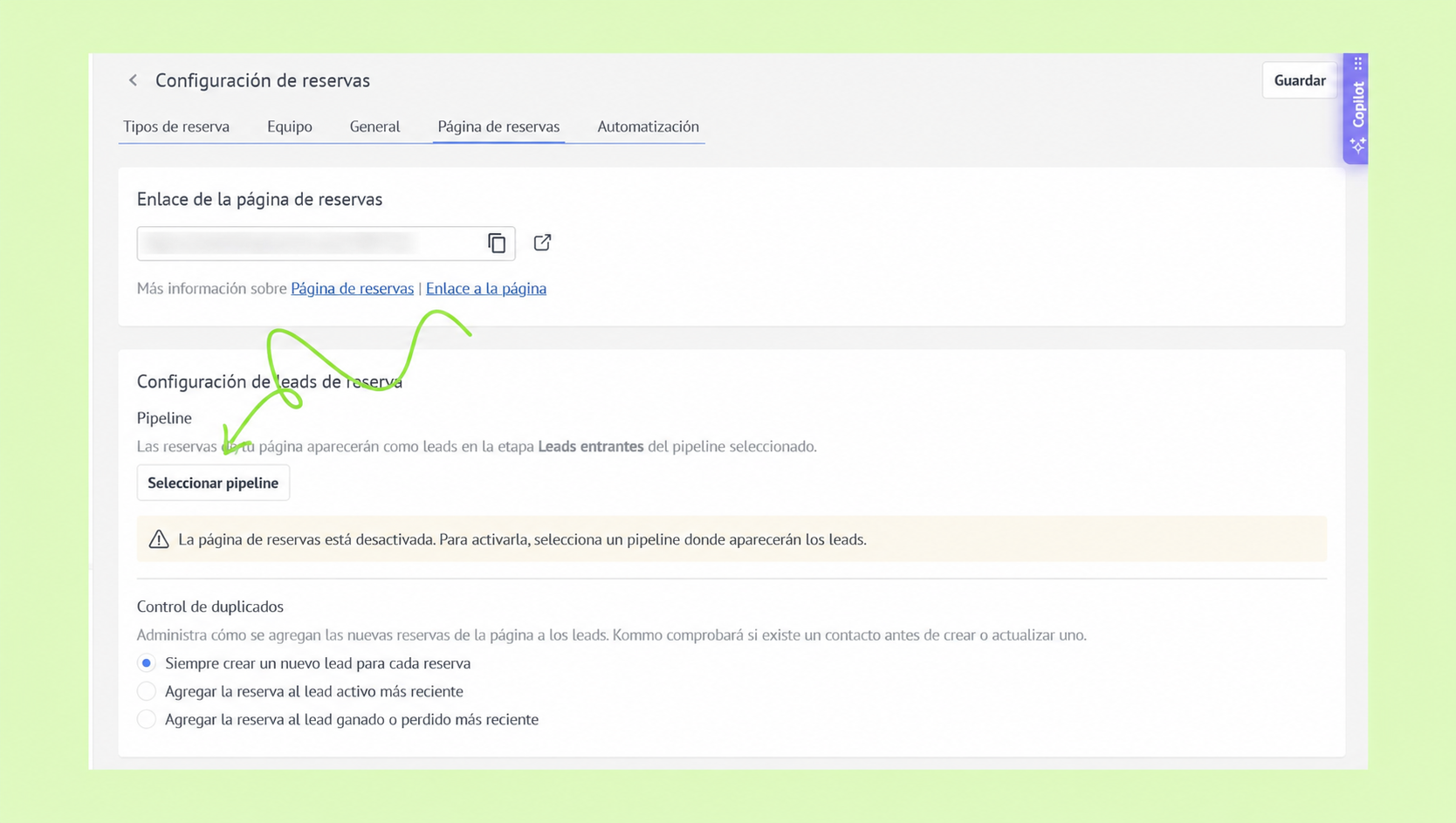 Configuration settings for reservation leads, highlighting pipeline selection and duplicate control options.